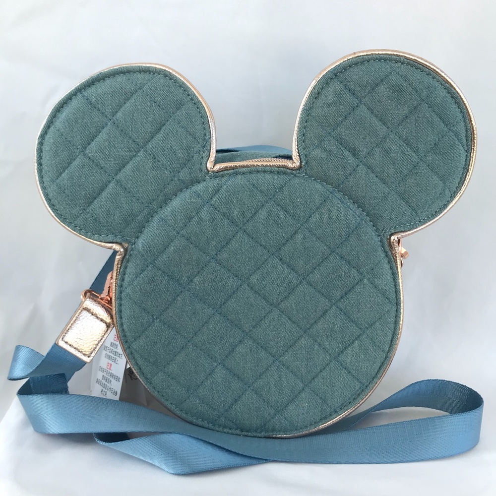 Disney Quilted Denim Mickey Head Pin Trading Crossbody Bag NWT